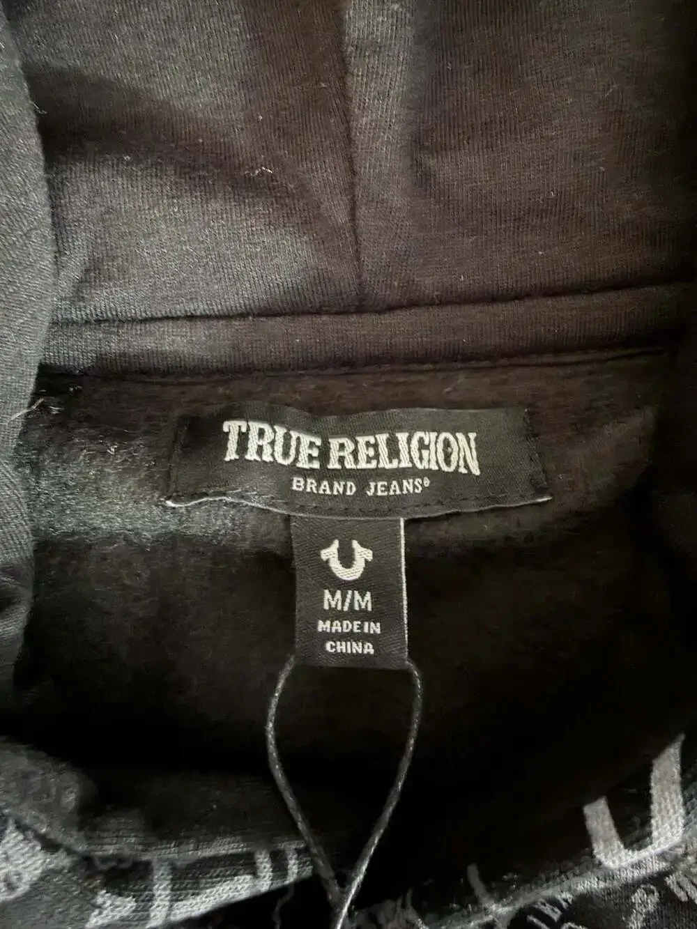 True Religion Ticket AOP Pullover Hoodie Jet Black Size Medium